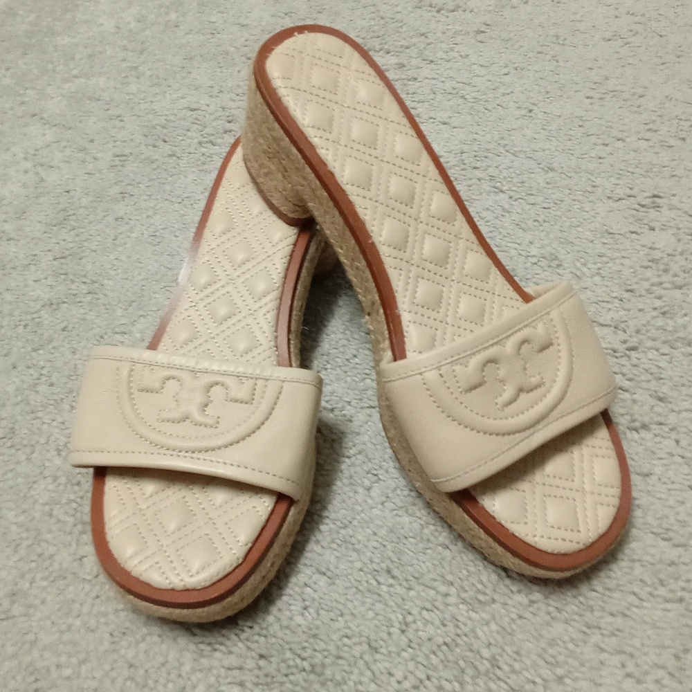TORY BURCH Beige Fleming logo Slide Espadrille Sandals - Like New